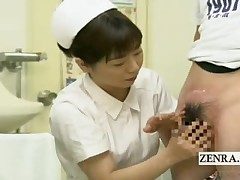 Subtitled Japanese doctor nurse hand job with jizz shot