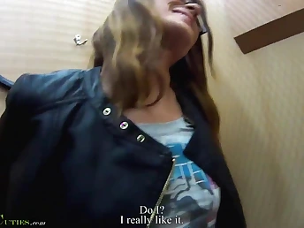 Nasty mall nymph shyly wanks near public with a super-naughty first-timer